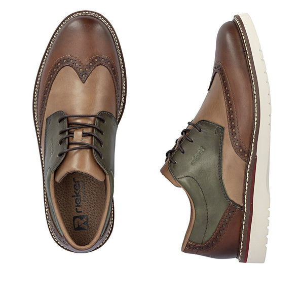Brown and green leather shoes with white sole on a white background