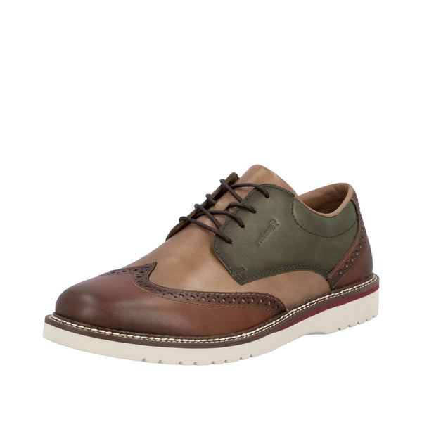 Brown and green leather shoe on a white background