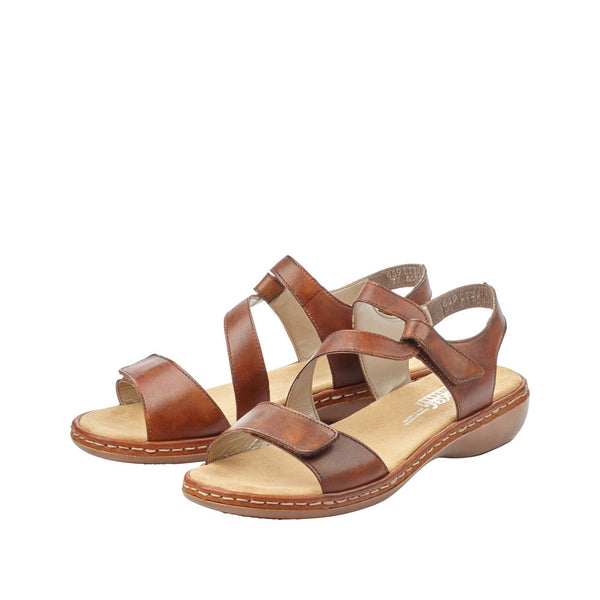 mid brown leather sandal by Rieker with two adjustable straps and a heel strap, flat heel 