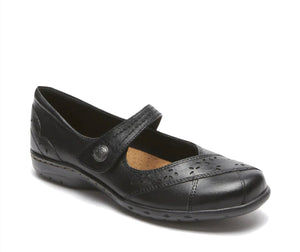 Black leather Mary Jane shoe with a hook and loop closure