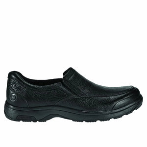 Black slip-on shoe on a white background