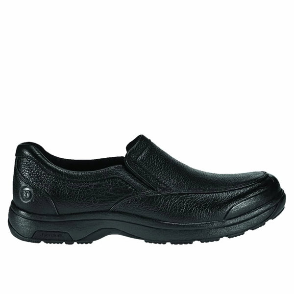 Black slip-on shoe on a white background