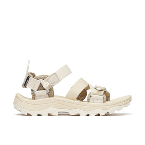 Beige sandal with multiple straps on a white background