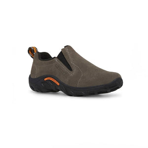 Brown slip-on shoe with orange accents on a white background