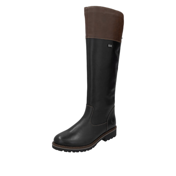 A single black leather knee-high riding boot with a brown suede-like collar, shown from a three-quarters angle against a plain white background.