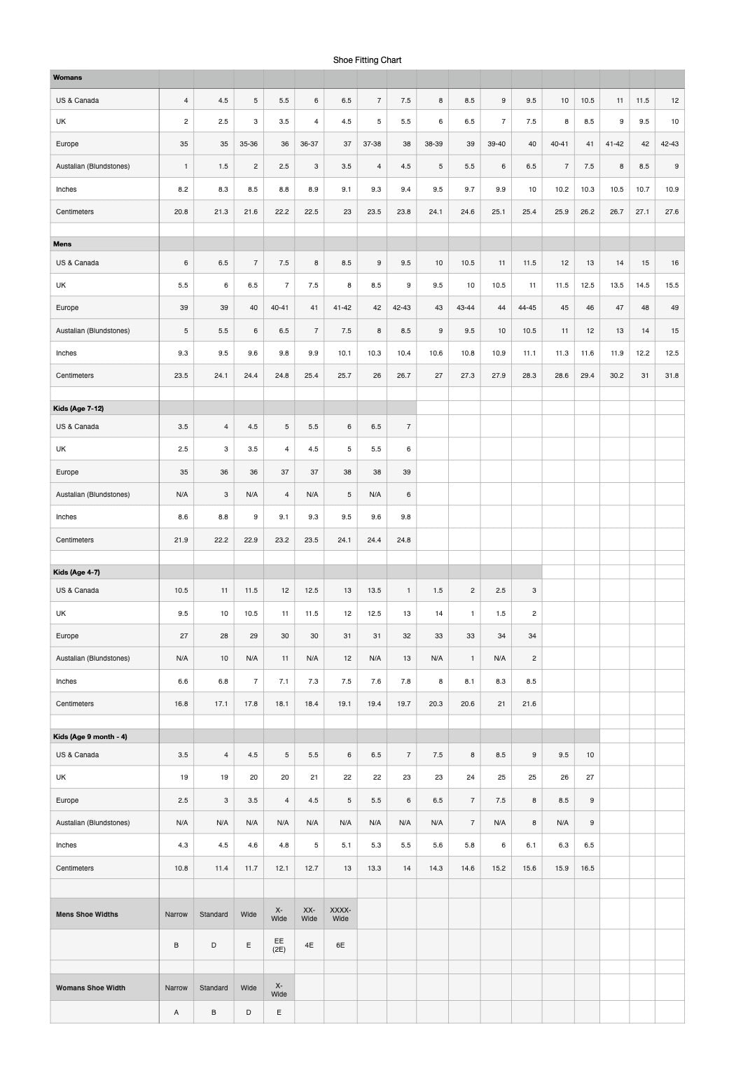Sizing Chart – Kennell's Shoes