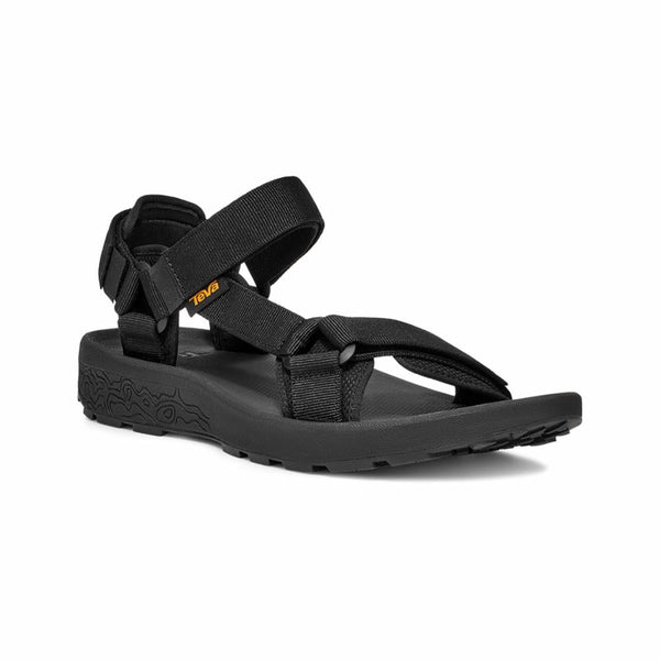 Black sandal with multiple straps on a white background