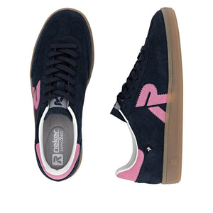 Navy sneakers with pink R on a white background