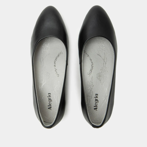 Black pointed-toe shoes with 'Alegria' branding on a white background
