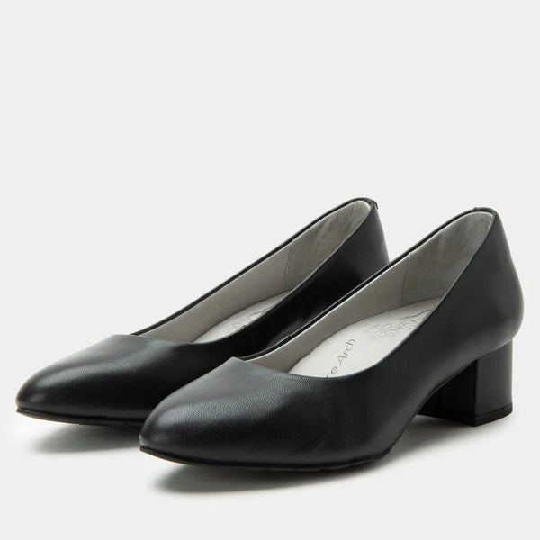 Pair of black high-heeled shoes on a white background
