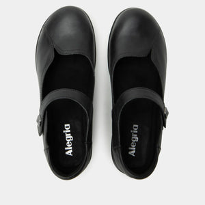 Pair of black Alegria shoes on a white background