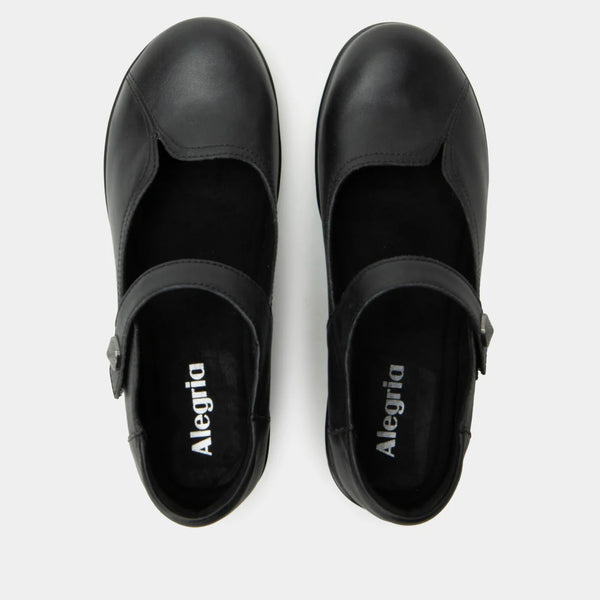 Pair of black Alegria shoes on a white background