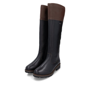Pair of black knee-high boots with brown accents on a white background