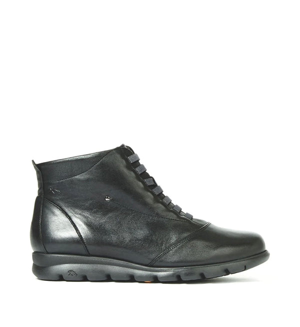 A black ankle boot with elastic bands and a zipper, featuring a leather upper and rubber outsole.