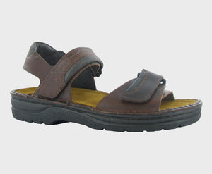 A brown leather Velcro sandal with a man-made sole, designed for casual wear.