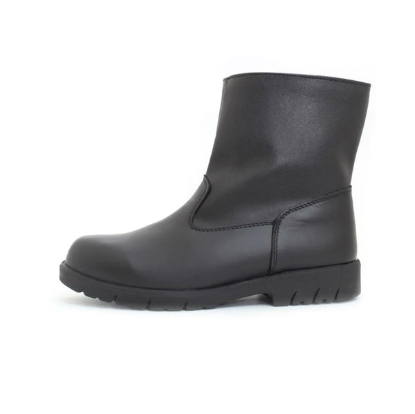 A black boot with a full side zipper and a round toe. The boot is made with a combination of leather and man-made materials and has a TPR weather-resistant outsole.
