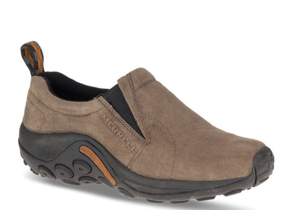 A men's Jungle Moc slip-on shoe by Merrell with a smooth suede upper and a Merrell Air Cushion in the heel, in a gunsmoke color.