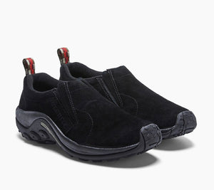 A pair of black Merrell Jungle Moc slip-on shoes for men.
